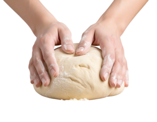  Hands Kneading Dough on Wooden Surface, isolated on transparent background PNG