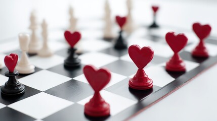 Symbolic chessboard with heart-shaped pieces at varied positions, depicting romantic timing dynamics.