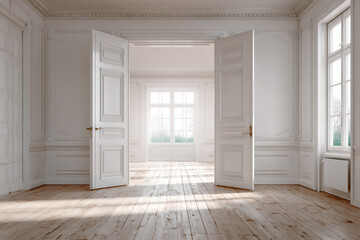Fototapeta premium Sunlit empty room with open doors and hardwood floors elegant white walls and crown molding