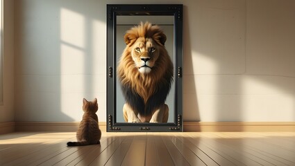 A small cat looks in the mirror and sees a lion, representing ambition and inner strength
