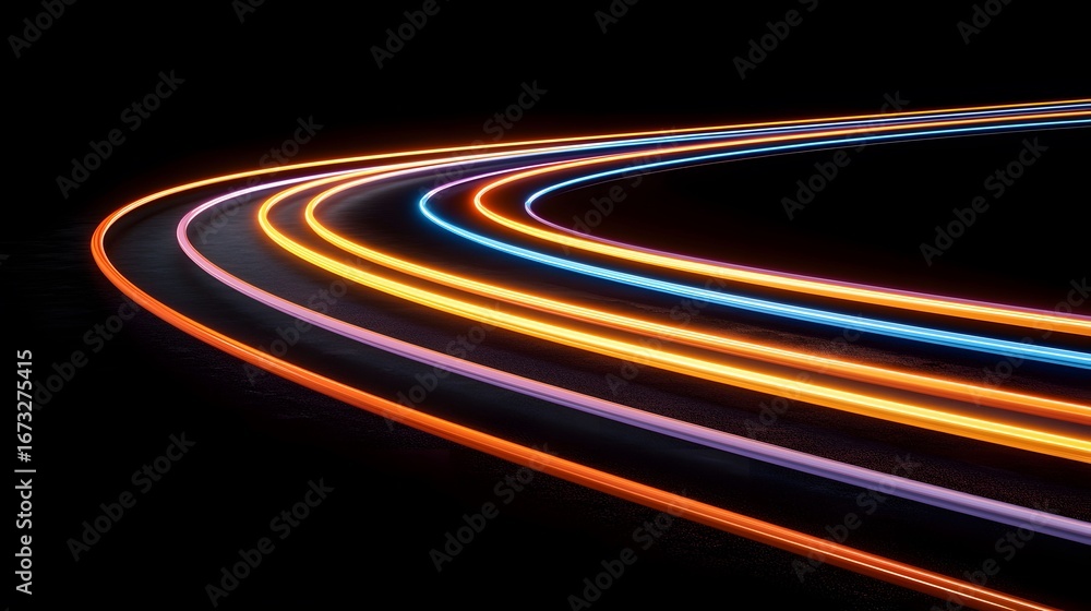 Poster the image features colorful light streaks in curved pathways, showcasing vibrant blues, oranges, and
