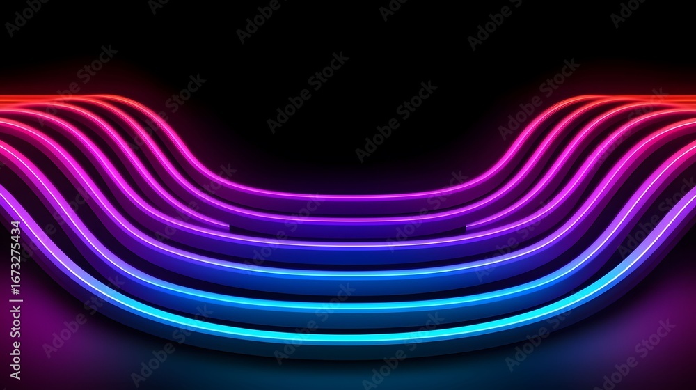 Poster the image shows a curved arrangement of illuminated planks, colored with a vibrant gradient that tra