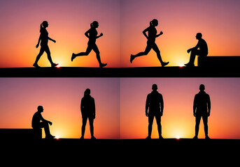 Fototapeta premium Silhouette PNG image set with people, animals, trees, sports, and lifestyle poses, black vector shapes isolated on transparent background, perfect for design, poster, banner, and creative projects.