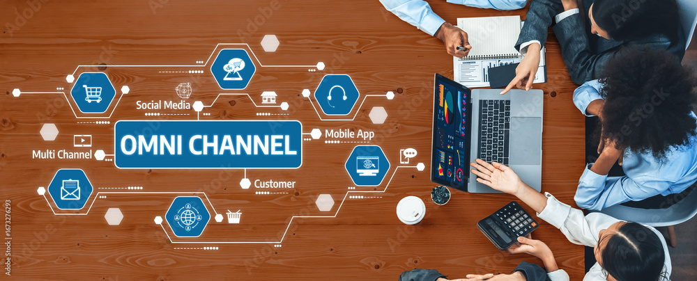 Poster explore the dynamic environment of a team working collaboratively on omni channel strategy, utilizin