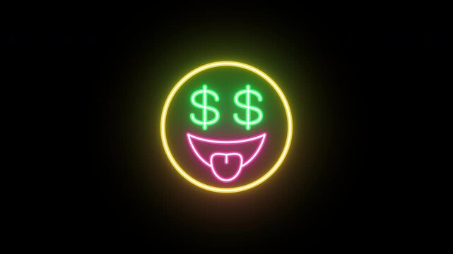 Neon money emoji animation, 60 fps. Glowing neon face with dollar eyes and tongue, looped funny rotation. Love money, great wealth, win money, rich winner. Yellow green pink colors