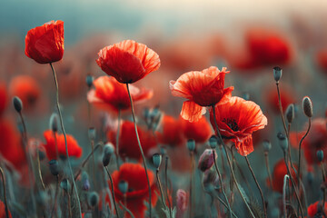 Fototapeta premium Vibrant red poppies in a field at sunset soft light and blurry background