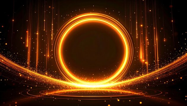 A glowing orange-gold ring surrounded by shimmering light particles and dynamic vertical and horizontal light trails.