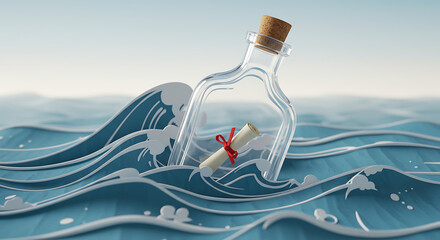 A message in a glass bottle floating on paper craft ocean waves, a concept of hope, communication, and discovery