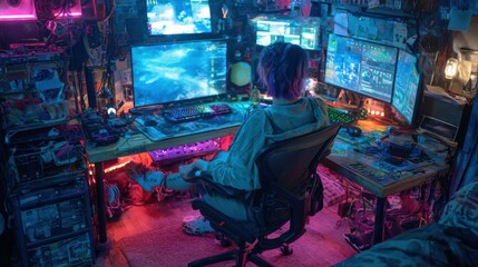 Person amidst monitors & messy desk in a dimly neon lit room