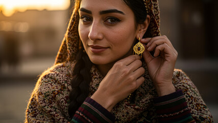 Young woman in traditional cultural attire carefully adjusting an ornate golden earring during a warm sunset