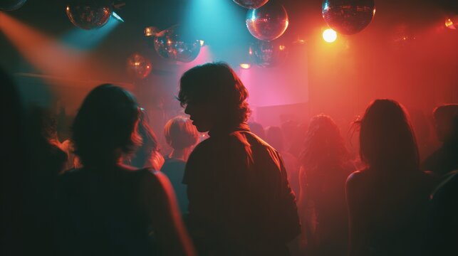 Crowd of people at a night club dance party with disco balls and colorful stage lights