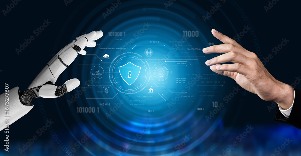 Poster ai securing digital infrastructure, analyzing biometric authentication, monitoring threats, and mana