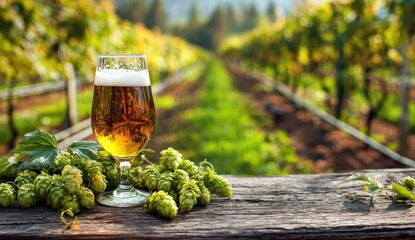 Light beer in a glass, surrounded by fresh hops on rustic wood, vineyard background