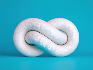White infinity knot sculpture on vibrant blue background, symbolizing unity and eternity