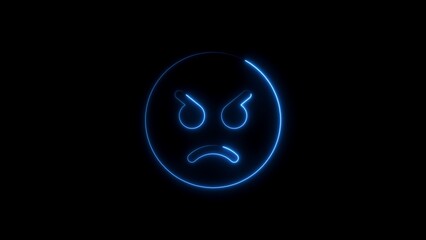 Blue neon glowing angry emoji illustration against a deep black backdrop