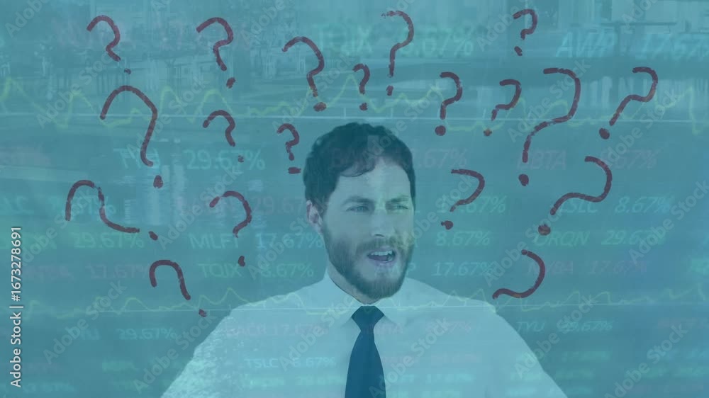 Aufkleber animation of data processing and question marks over caucasian businessman thinking