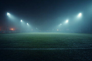 Foggy night football field illuminated by bright stadium lights