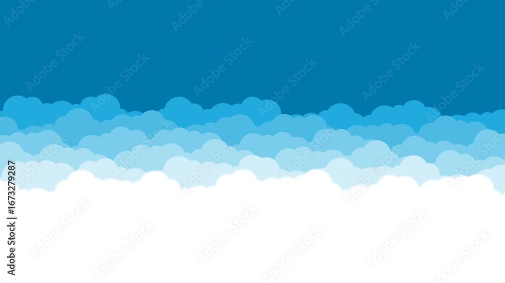 Poster a serene depiction of layered clouds, transitioning from deep blue at the top to soft white at the b