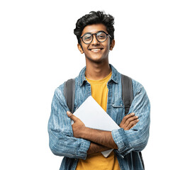 Smiling young Indian man wearing glasses and backpack, isolated on transparent cutout background