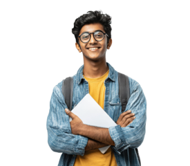 Smiling young Indian man wearing glasses and backpack, isolated on transparent cutout background
