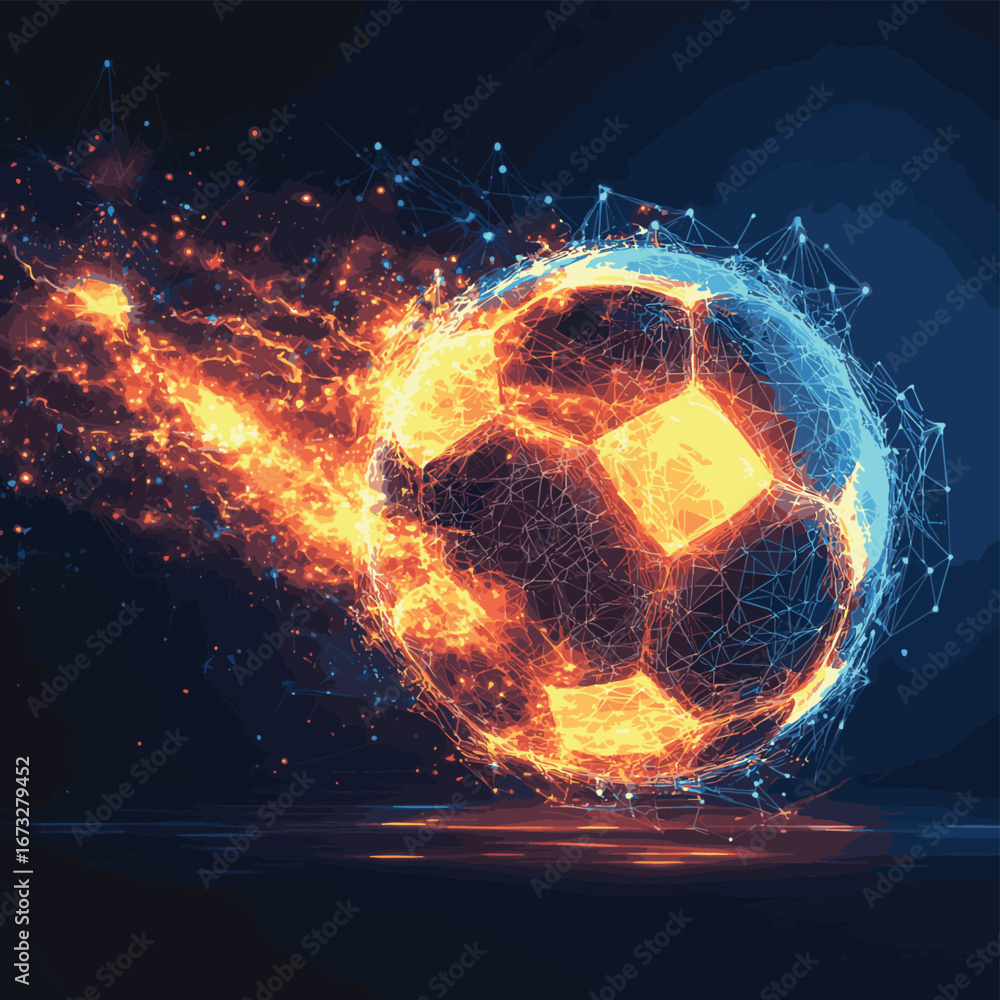 Poster abstract glowing polygonal football on fire with digital mesh lines and glowing particles on dark ba