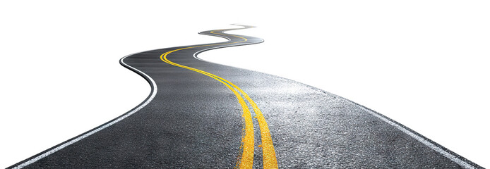 Curved asphalt road with double yellow lines, isolated on transparent cutout background
