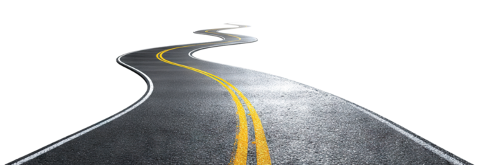 Curved asphalt road with double yellow lines, isolated on transparent cutout background