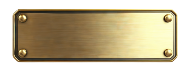 Golden metallic nameplate with screws, isolated on transparent cutout background