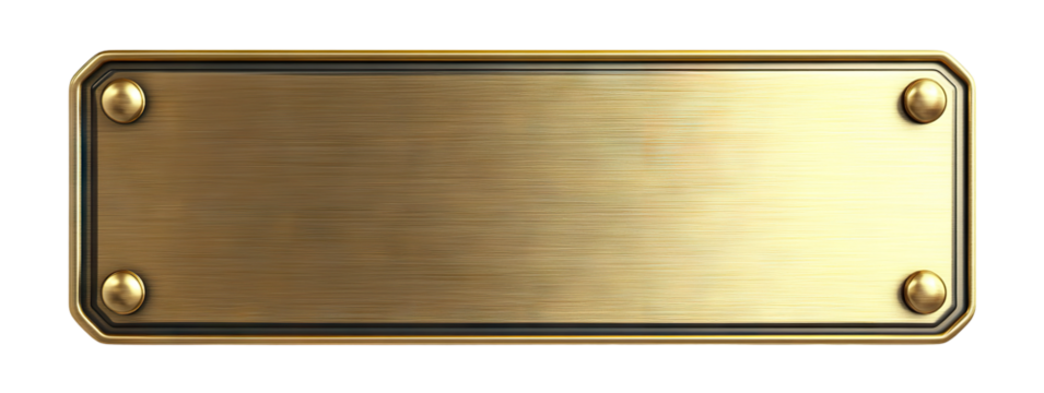 Golden metallic nameplate with screws, isolated on transparent cutout background