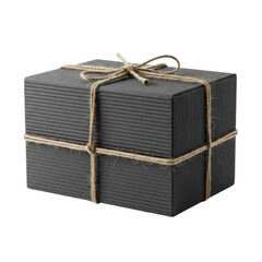 Rectangular box of deep charcoal grey corrugated cardboard, wrapped with natural beige jute twine secured by a robust knot, isolated on transparent background, soft shadow, concept of practical