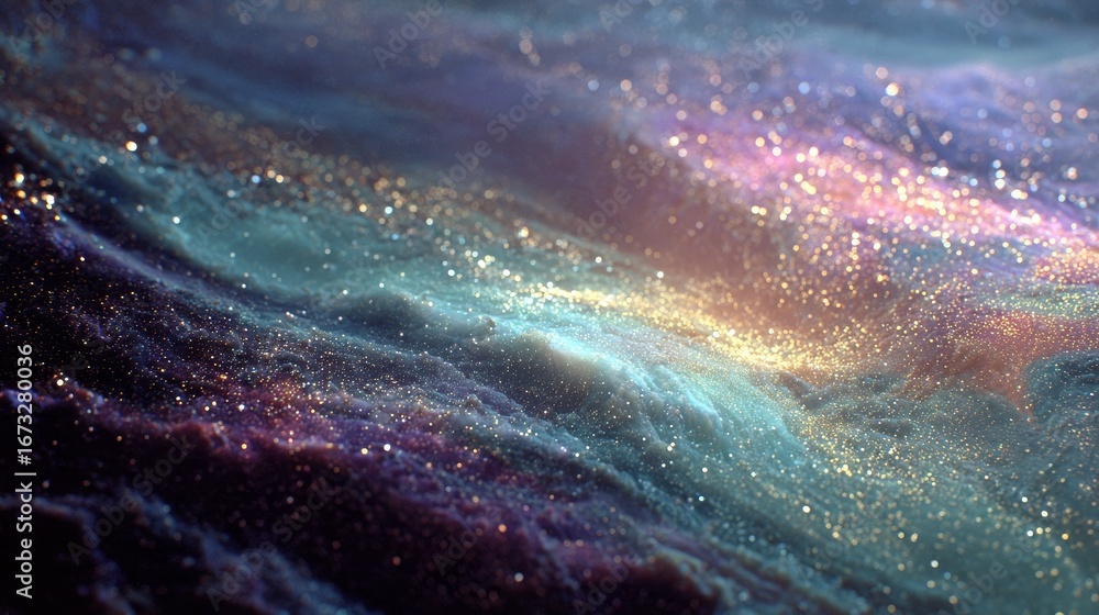 Poster surreal stellar dust texture in psychedelic aqua colors with zero gravity effect, layered 3d synthet