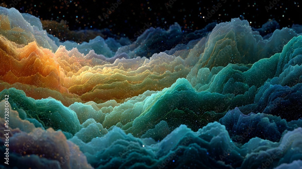 Poster surreal stellar dust texture in psychedelic aqua colors with zero gravity effect, layered 3d synthet