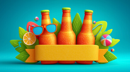 Three vibrant beer bottles sit among tropical leaves and playful summer elements. Bright blue background sets a cheerful mood. Concept of summer beverages, relaxation, outdoor events