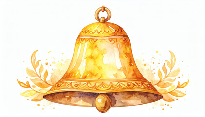 Watercolor Golden School Bell Isolated on White Background for Educational and Classroom Artwork