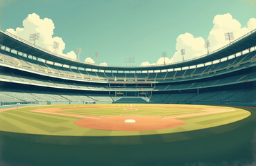 Vintage baseball stadium illustration, sunny day, clear blue sky with fluffy clouds. Empty green field with distinct base paths, catcher box, pitcher mound, home plate. Grandstands filled with empty