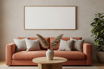 Modern living room interior with terracotta sofa, round wooden table, long wall frame, pampas in center vase, bright natural light, neutral wall tones and cozy