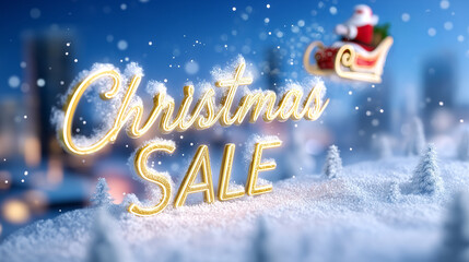 Christmas sale promotion featuring glowing text in sparkling snow landscape. Background includes Santa flying in sleigh over city lights. Concept of holiday marketing, e-commerce, festive advertising