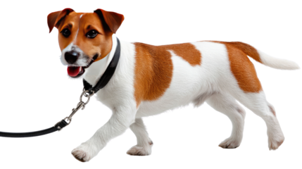 Joyful Dog Stroll: A vibrant photo captures a cheerful Jack Russell Terrier in mid-stride, its leash held taut as it enjoys a brisk walk, epitomizing canine happiness and outdoor adventure.