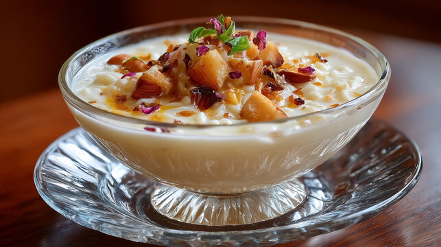 Sweet semiya payasam showcased in decorative glass bowl garnished with nuts and rose petals. Warm indoor setting with wooden table. Concept of dessert, Indian cuisine, festive celebrations