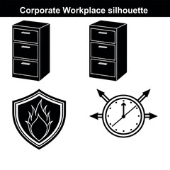 Corporate Workplace Icons and Silhouettes Featuring Filing Cabinets Safety Symbol and Time Management Representation for Business Use