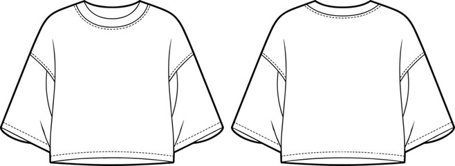 Fashion flat sketch of oversized crop t-shirt with wide sleeves, dropped shoulders, loose fit, sewing template, garment design, clothing illustration © Ideasy Mind