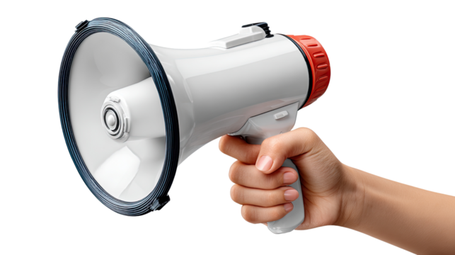 Megaphone in hand: A close-up captures the assertive hold of a hand gripping a megaphone, poised to amplify a voice, ready to broadcast a message in a display of communication.