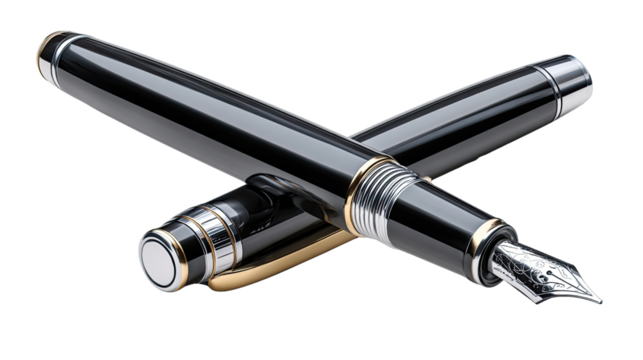 Elegant Quill: An angled, studio shot of a sophisticated, classic fountain pen. The black body is contrasted with gold accents, showing the pen's details in exquisite close up.