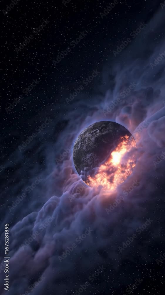 Poster a cosmic scene with earth emerging from swirling nebula clouds, captured from a low-angle view. perf