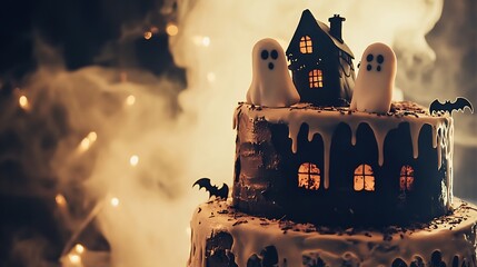 Halloween themed cake with spooky decorations from edible ghosts and bats to dark colored icing with a haunted house scene on top creating a fun and festive seasonal look
