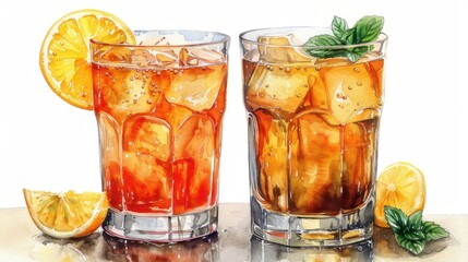 Fototapeta premium Refreshing Citrus Drinks with Ice and Garnish on a Bright Background