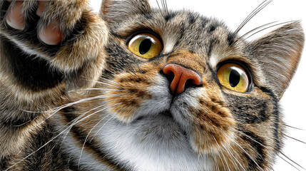 Playful Paw: A close-up shot of a domestic cat raising its paw with curiosity, showing its charming appearance and delightful expression.