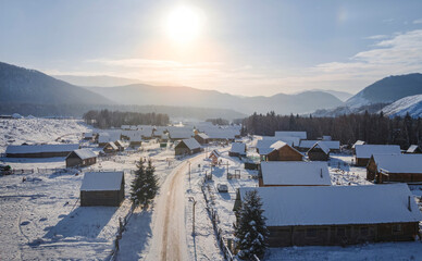 Snowy Village Landscape in Xinjiang Kanas Hemu Ancient Village