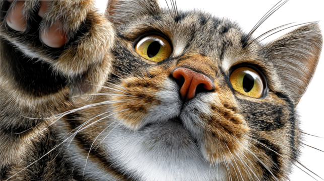 Playful Paw: A close-up shot of a domestic cat raising its paw with curiosity, showing its charming appearance and delightful expression.