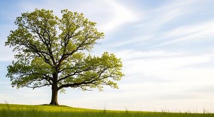 Obraz premium Majestic Oak Tree Standing Tall in a Lush Green Field Under a Clear Blue Sky with Ample Copy Space for Text
